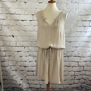 Allen Allen V Neck Beige Sleeveless‎ Crinkle Tie Waist Dress Size Medium